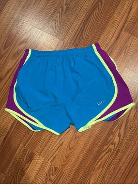 Nike Turquoise Running Shorts with Purple Panels and Neon Yellow Trim, XS